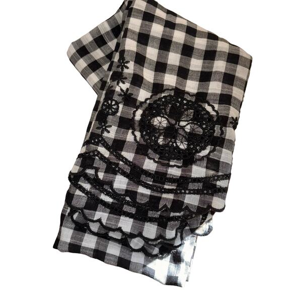 Talbots Gingham Check Rectangular Scarf Embroidered Scalloped Edge 68 x 24 - Picture 2 of 7
